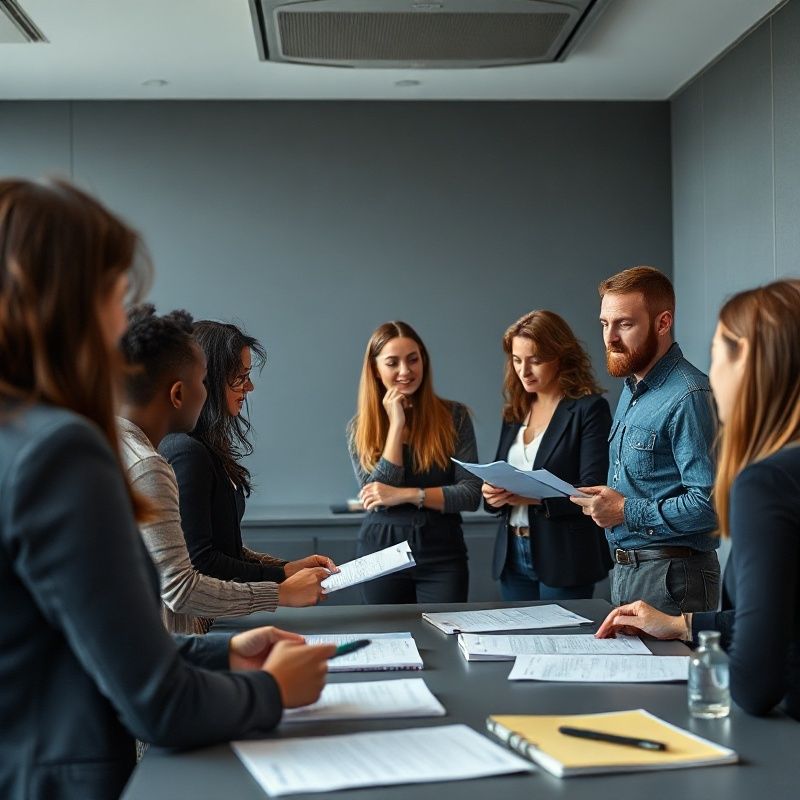 A small group of diverse professionals gathered around printed course materials