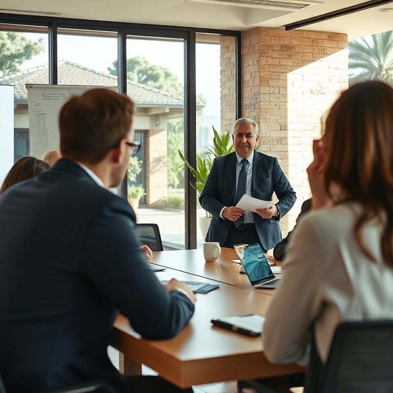 A confident manager addressing a small team in a bright Sydney boardroom