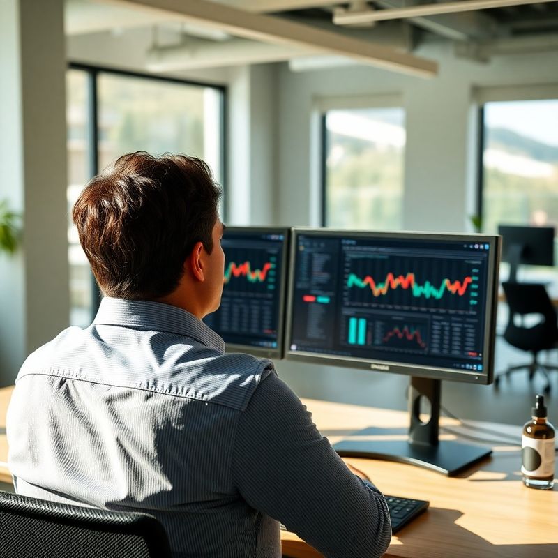 A professional studying a data dashboard on dual monitors in a modern open-plan office