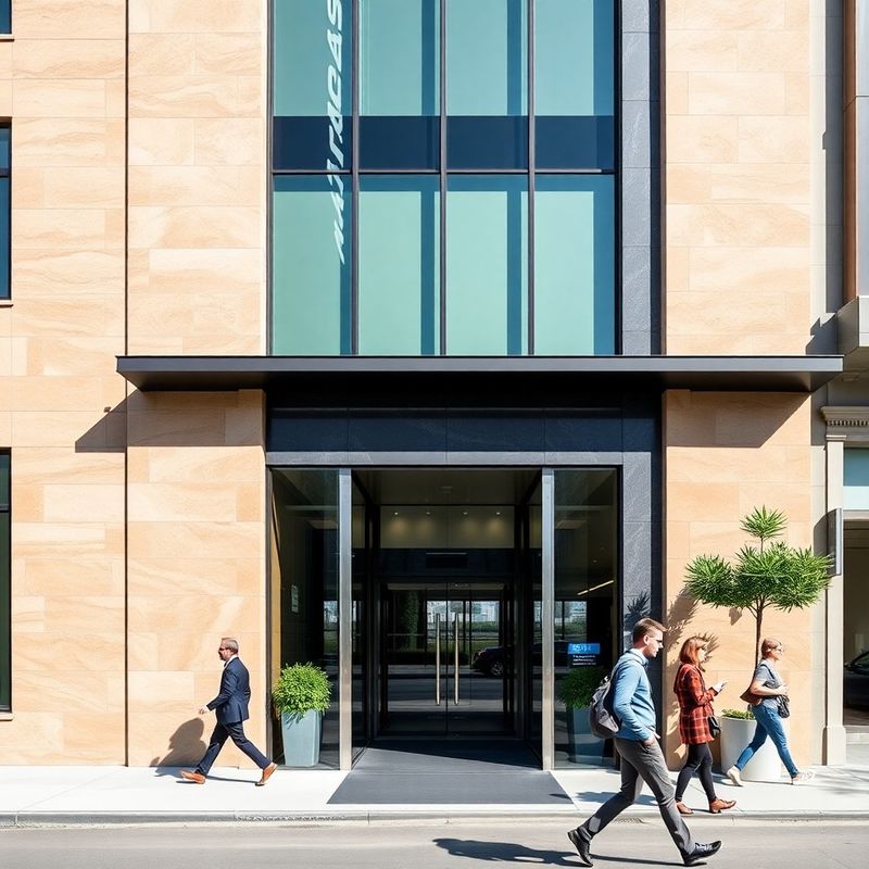 Modern Sydney CBD office building entrance in bright coastal midday light