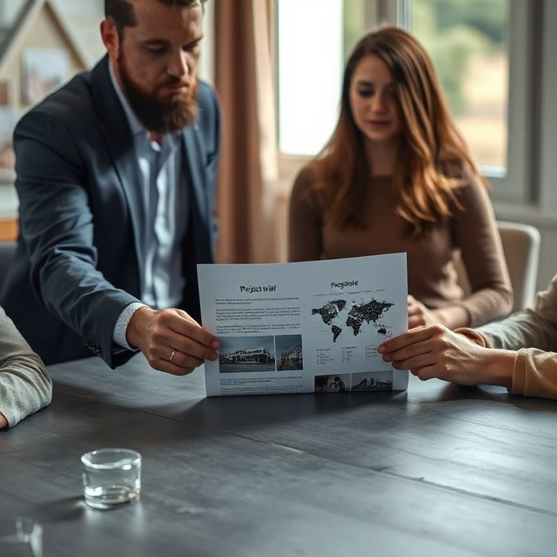 A professional presenting a printed project brief to colleagues across a meeting table