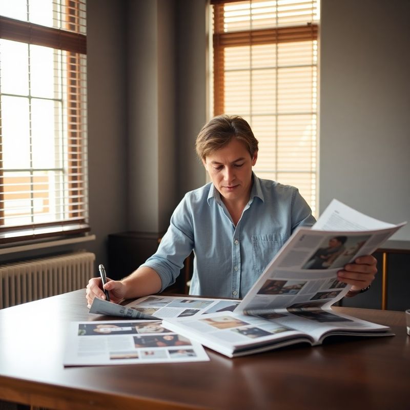 A content professional reviewing printed editorial layouts on a large desk